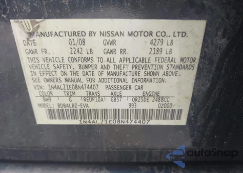 2008 Nissan Altima 2.5 S z USA, uszkodzony, nr VIN 1N4AL21E08N474407